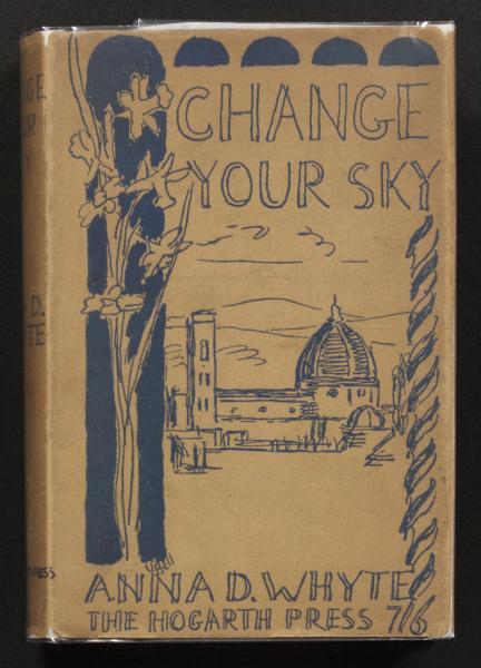 Image of Dust jacket of "Change Your Sky" featuring a blue illustration of  landscape with hand drawn typography by Vanessa Bell