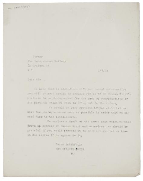 Image of typescript letter from The Hogarth Press to The Independent Gallery (02/07/1923) page 1 of 1