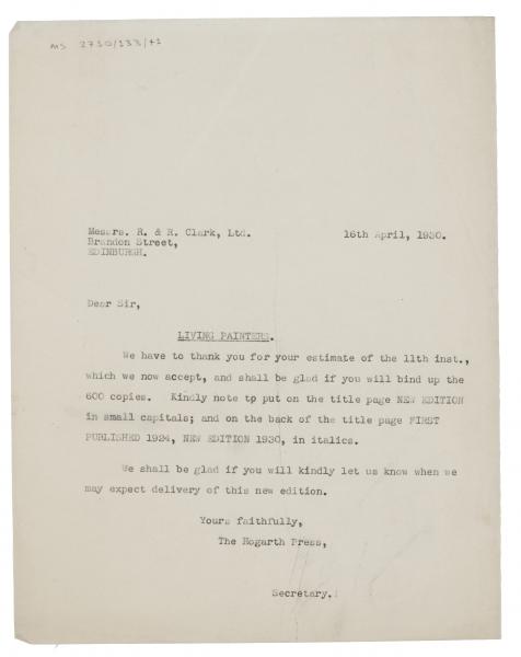 Image of typescript letter from The Hogarth Press to R. & R. Clark (16/04/1930) page1 of 1 