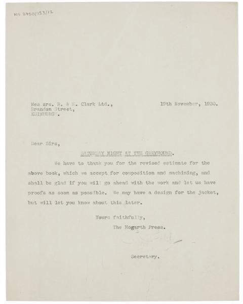 Image of typescript letter from Peggy Belsher to R. & R. Clark (19/11/1930) page 1 of 1 