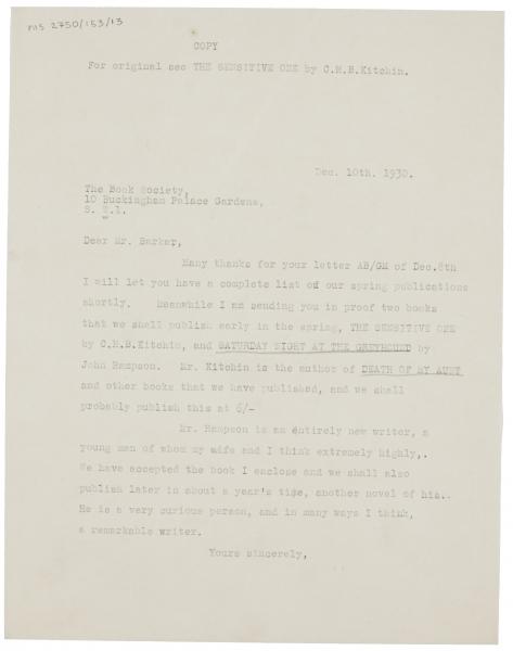 Image of typescript letter from The Hogarth Press to The Book Society (10/12/1930) page 1 of 1