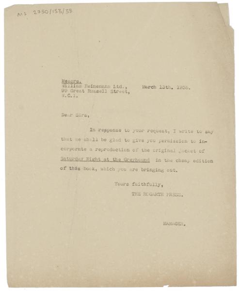 Image of typescript  letter from The Hogarth Press to William Heinemann Ltd. (13/03/1935) page 1 of 1