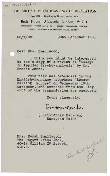 Image of Letter from The BBC (British Broad Casting Corporation) to The Hogarth Press (20/12/1951) 