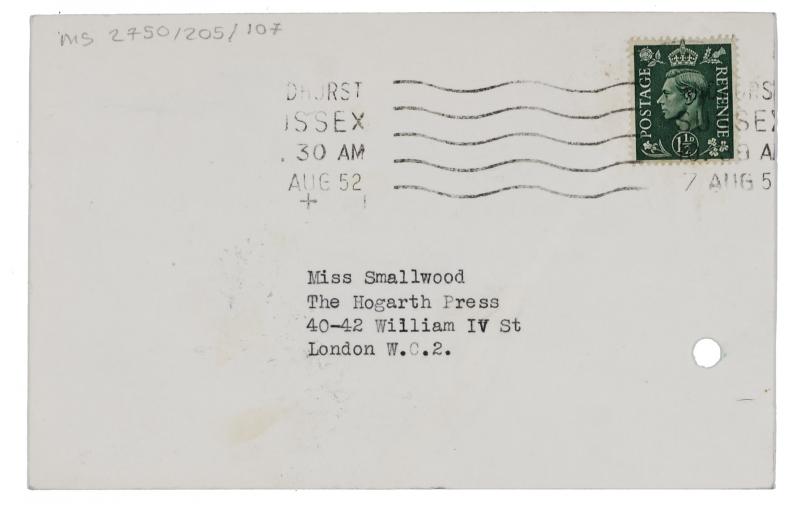 Image of typescript Postcard from Ernest Jones to Norah Smallwood (06/08/1952) page 1 of 2