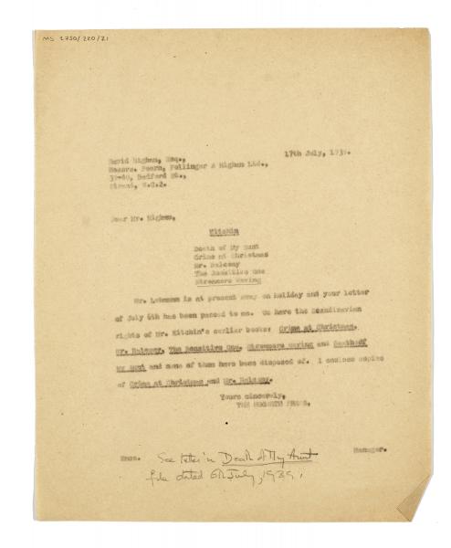 Image of typescript letter from The Hogarth Press to Pearn, Pollinger & Higham (17/07/1937) page 1 of 1