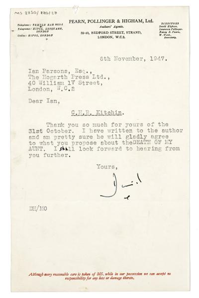 Image of typescript letter from David Higham to Ian Parsons (06/11/1947) page 1 of 1