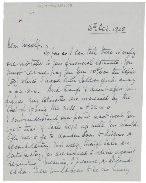 Image of handwritten letter from Norman Leys to Leonard Woolf (16/02/1925) page 1 of 4