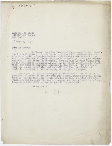 Image of typescript letter from Leonard Woolf to Frederick Harris (18/08/1925) page 1 of 1
