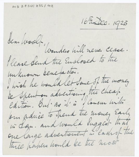 Image of handwritten letter from Norman Leys to Leonard Woolf (16/12/1925) page 1 of 2