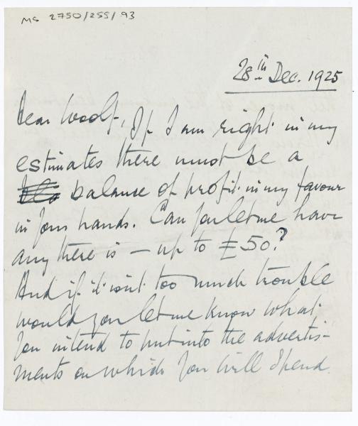 Image of handwritten letter from Norman Leys to Leonard Woolf (28/12/1925) page 1 of 2