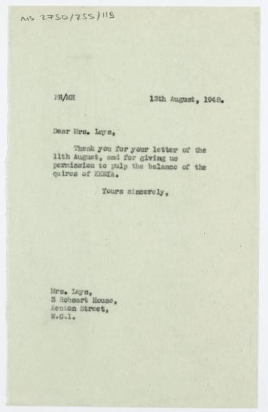 Image of typescript letter from The Hogarth Press to Mrs Leys (13/08/1948) page 1 of 1