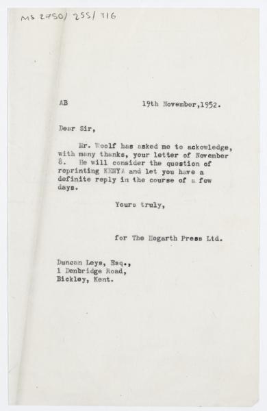 Image of typescript letter from The Hogarth Press to Duncan Leys (19/11/1952) page 1 of 1