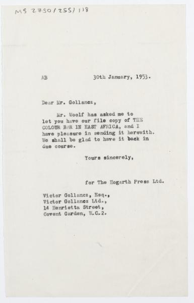 Image of typescript letter frrom The Hogarth Press to Victor Gollancz (30/01/1953) page 1 of 1