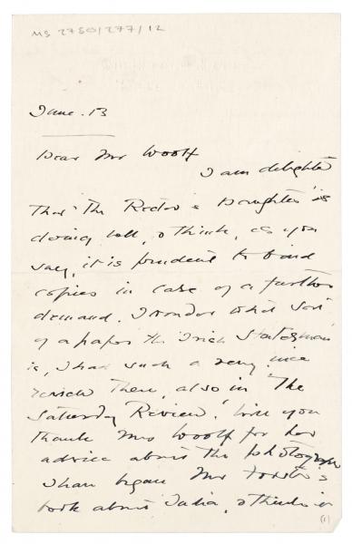 Image of handwritten letter from Flora Mayor to Leonard Woolf (13/06/1924) page 1 of 2