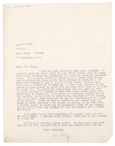 Image of letter from Leonard Woolf to Flora Mayor (18/09/1924) page 1 of 1