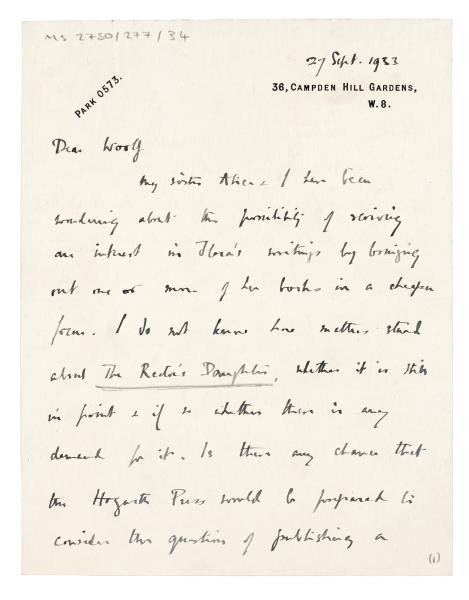 Image of handwritten letter from Robert G. Mayor to Leonard Woolf (27/09/1933) page 1 of 2