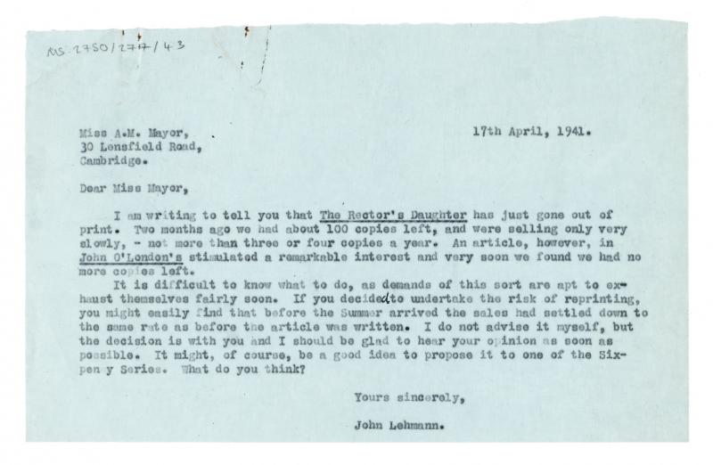 Image of typescript letter from John Lehmann to Alice Mayor (17/04/1941) page 1 of 1