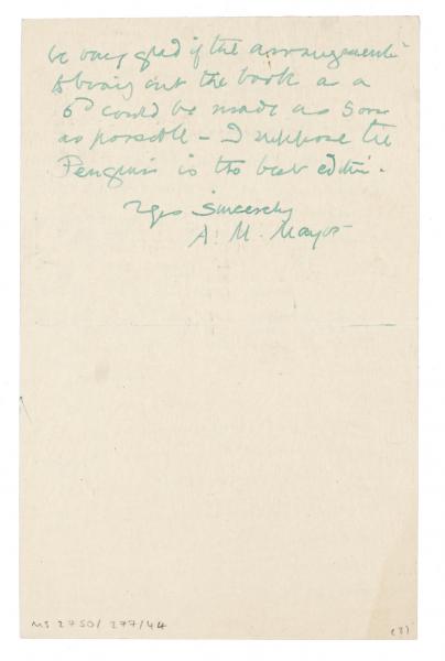 Image of handwritten letter from Alice Mayor to John Lehmann (23/04/1941) page 2 of 2