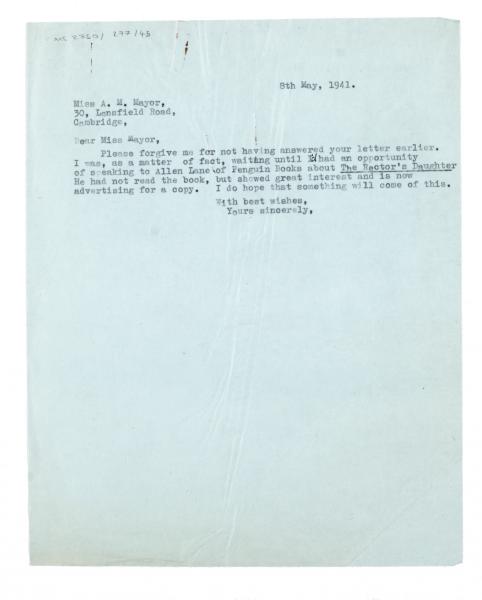 Image of typescript letter from John Lehmann to Alice Mayor (08/05/1941) page 1 of 1