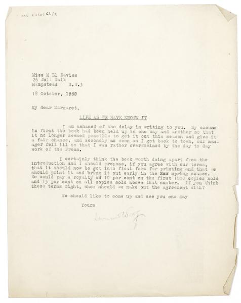 Image of typescript letter from Leonard Woolf to Margaret Llewellyn Davies (18/10/1930) page 1 of 1