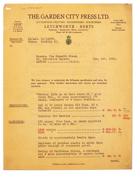Image of typescript letter from The Garden City Press to The Hogarth Press (06/01/1931) page 1 of 3