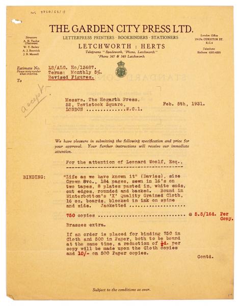 Image of typescript letter from The Garden City Press to The Hogarth Press (05/02/1931) page 1 of 3