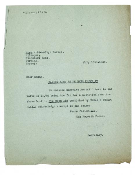 eImage of typescript letter from Winnifred Perkins to Margaret Llewellyn Davies (18/07/1936) page 1 of 1