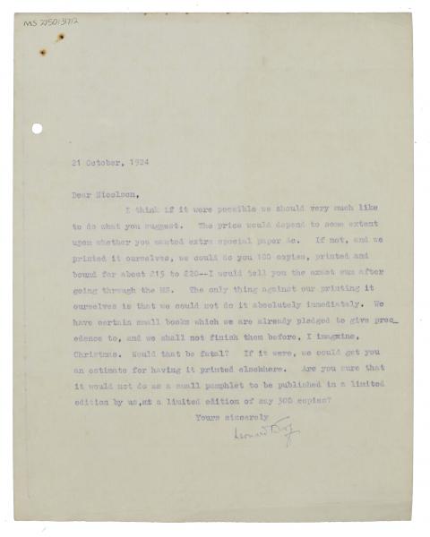 Image of typescript letter from Leonard Woolf to Harold Nicolson (21/10/1924)  page 1 of 1