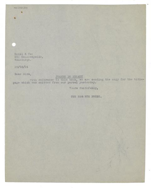 Image of typescript letter from the Hogarth Press to Neill & Co Ltd. (28/10/1924)  page 1 of 1