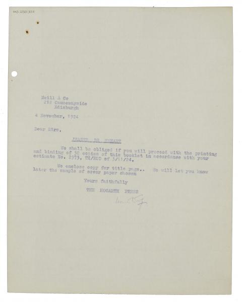 Image of typescript letter from Leonard Woolf to Neill & Co Ltd (04/11/1924) page 1 of 1