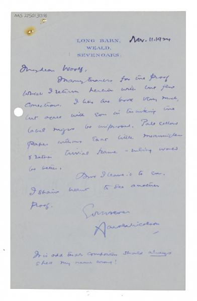 Image of typescript letter from Harold Nicolson to Leonard Woolf (11/11/1924) page of 1