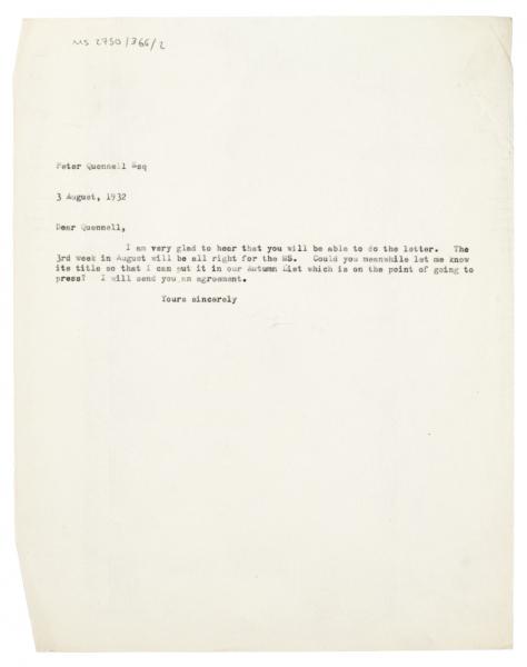 Image of typescript letter from Leonard Woolf to Peter Quennell (08/03/1932) page 1 of 1