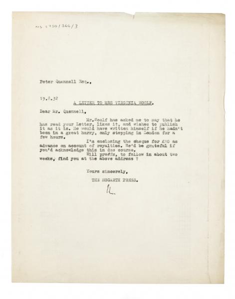 Image of typescript letter from John Lehmann to Peter Quennell (08/19/1932) page 1 of 1