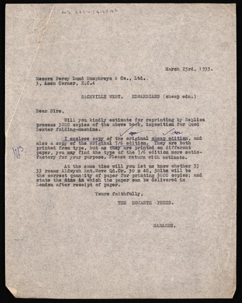 Image of typescript letter from the Hogarth Press to Percy Lund Humphreys & Co (23/03/1933) page 1 of 1 
