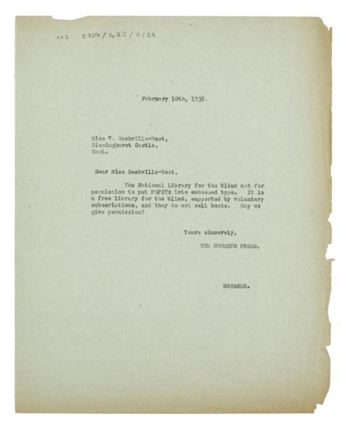 Letter from The Hogarth Press to Vita Sackville-West (10/02/1938)