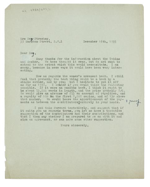 Letter from Leonard Woolf at The Hogarth Press to Ray Strachey (16/12/1935)