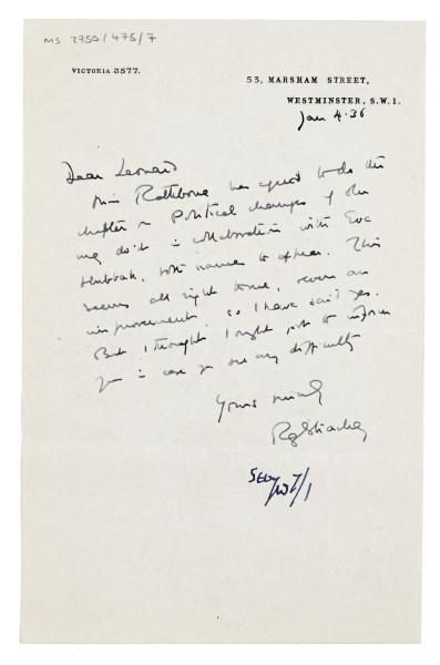 Letter from Ray Strachey to Leonard Woolf at The Hogarth Press (04/01/1936)