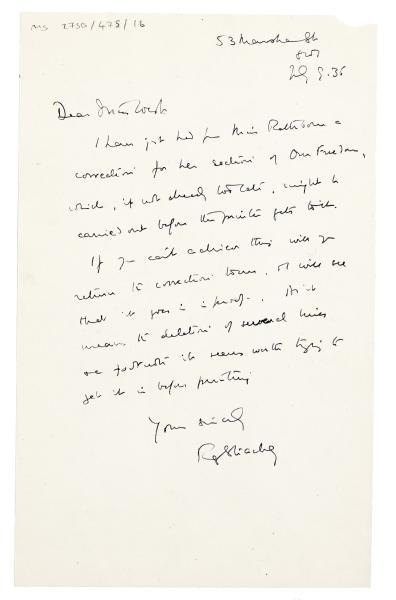 Letter from Ray Strachey to Margaret West at The Hogarth Press (09/07/1936)
