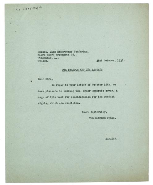 Letter from Margaret West at The Hogarth Press to Lars Hökerberg (21/10/1936)