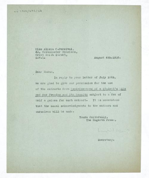 Letter from Winifred Perkins at The Hogarth Press to Alicia C. Percival (04/08/1938)