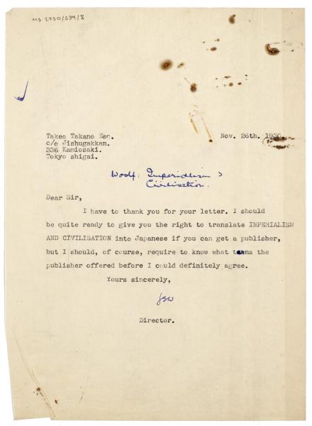 Image of typescript letter from Leonard Woolf to Takeo Takano (11/26/1930) page 1 of 1