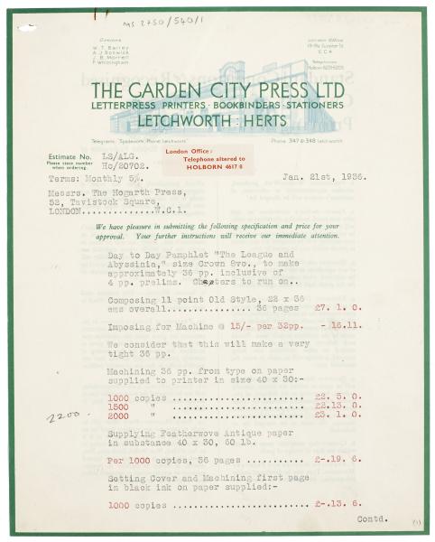 Image of typescript letter from the Garden City Press Ltd to the Hogarth Press (21/01/1936) Page 1 of 3