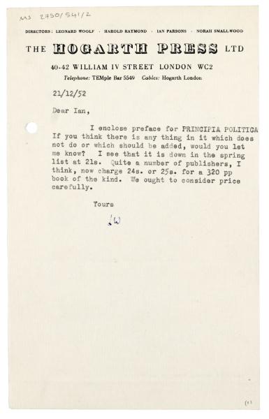 Letter from Leonard Woolf to Ian Parsons (21/12/1952)