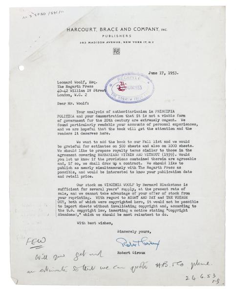Letter from Harcourt, Brace and Company to Leonard Woolf (17/06/1953)