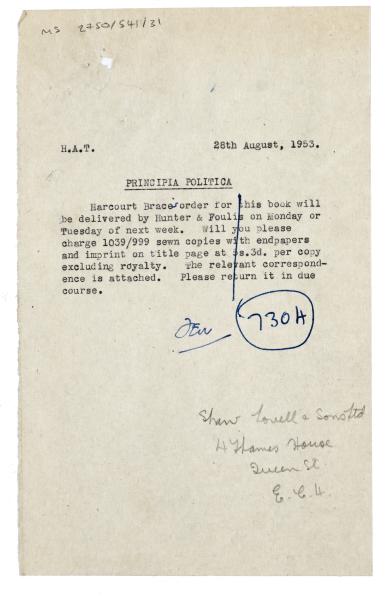 Note regarding "Principia Politica" (28/08/1953)