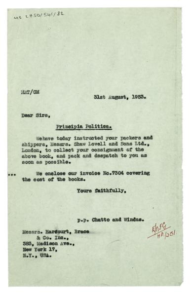 Letter from The Hogarth Press to Harcourt, Brace, and Company (31/08/1953)
