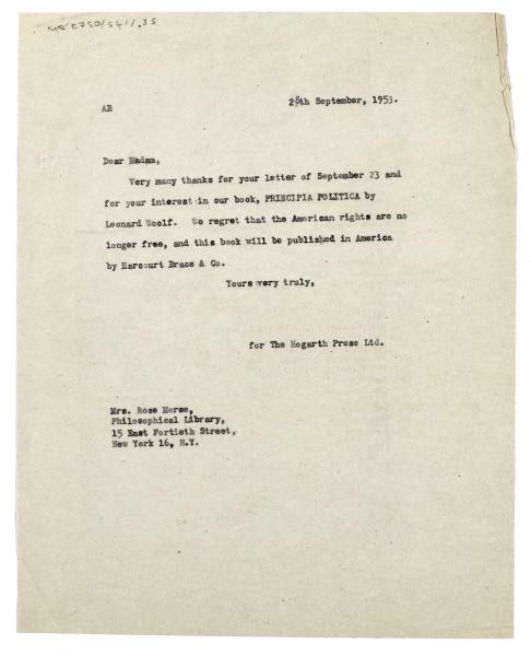 Letter from The Hogarth Press to Philosophical Library (28/09/1953)