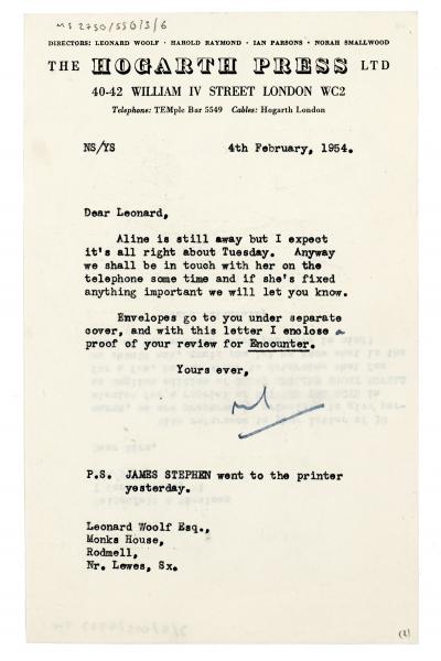 Image of typescript letter from lletter on back of typescript letter to The Hogarth Press to Weidenfeld & Nicolson (05/04/1954) page 1 of 1