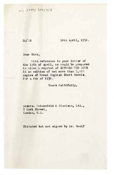 Image of typescript letter from Leonard Woolf to Weidenfeld & Nicolson (14/04/1954)  page 1 of 1
