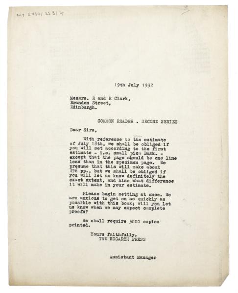 Letter from The Hogarth Press to R. & R. Clark (19 Jul 1932)